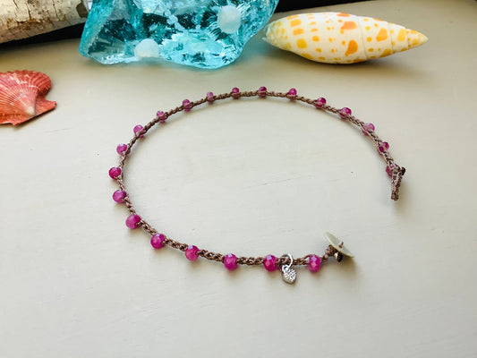 Pink jade crocheted anklet, boho, natural jewelry