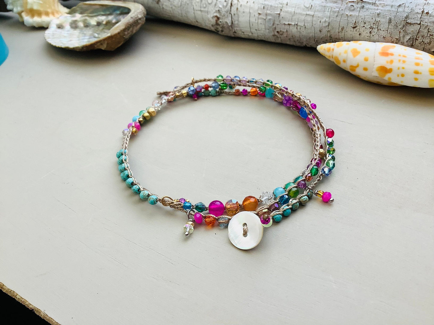 Island girl Turquoise 4 x gemstone crystal crocheted earthy wrap bracelet sable cord