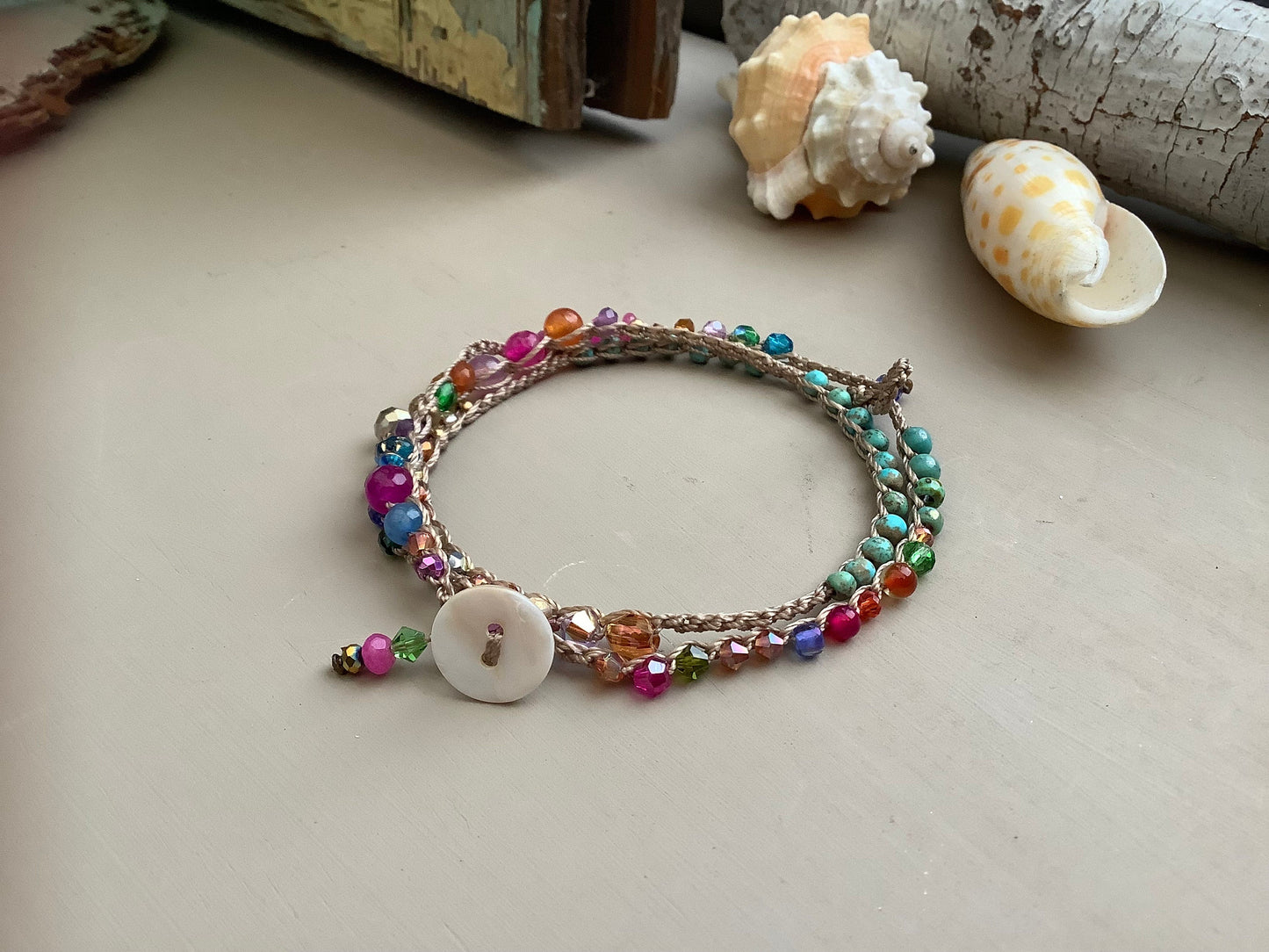 Island girl Turquoise gemstone crystal crocheted 3 times earthy wrap bracelet