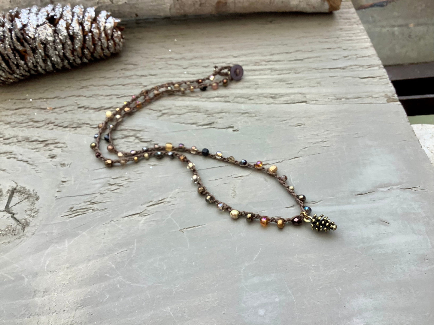 Crocheted Pinecone Necklace: Bronze Pinecone Pendant, Beaded Cord