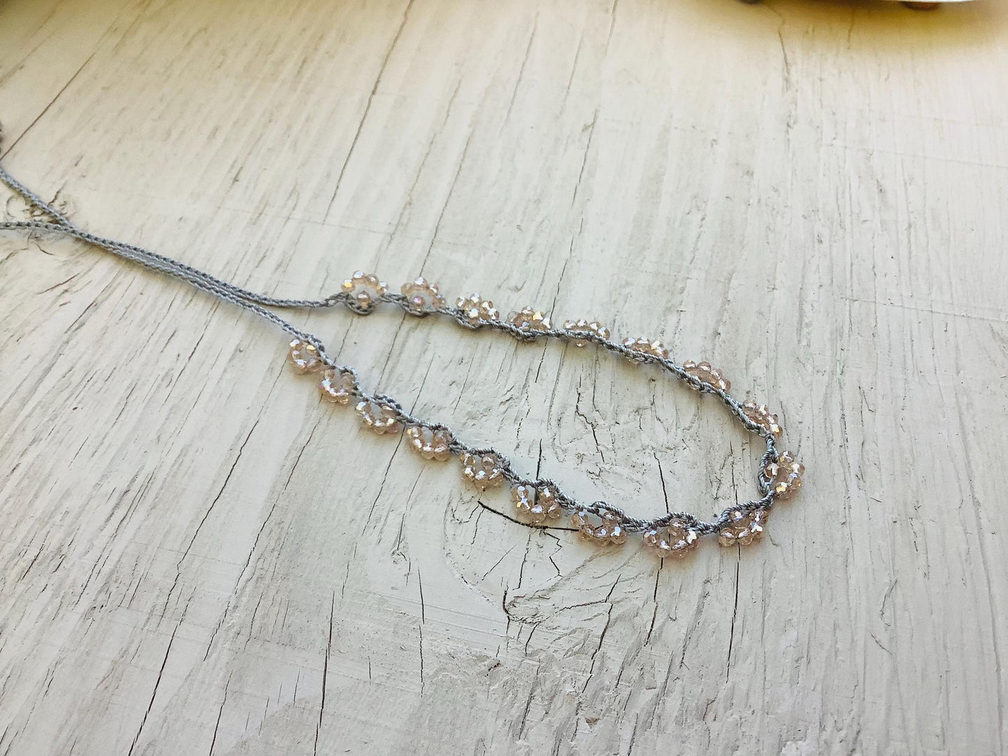 Crocheted Lace Necklace: Turkish Style Champagne Crystals