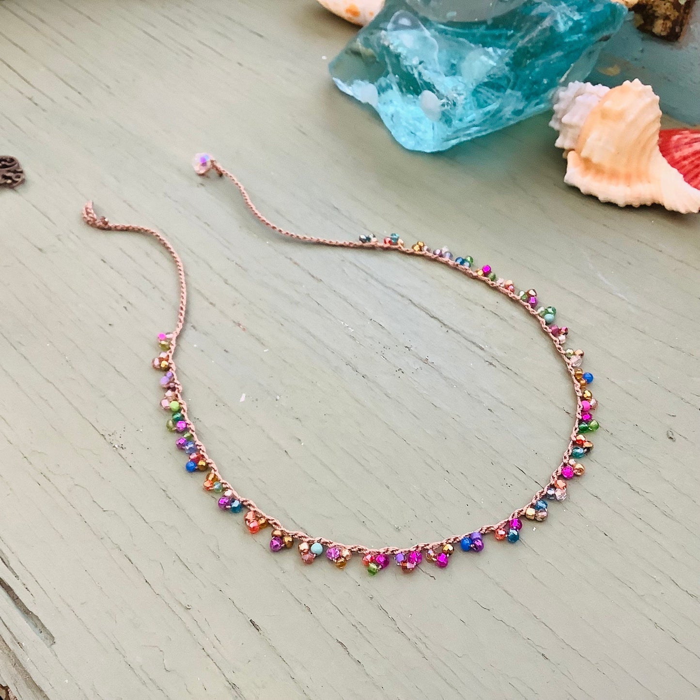 Lacy crocheted tiny crystal and gems necklace