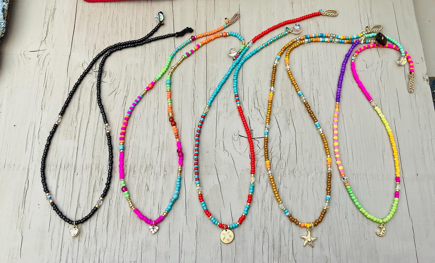 Seed Bead Stacking Necklace: Crystal & Gold Charm Pendant