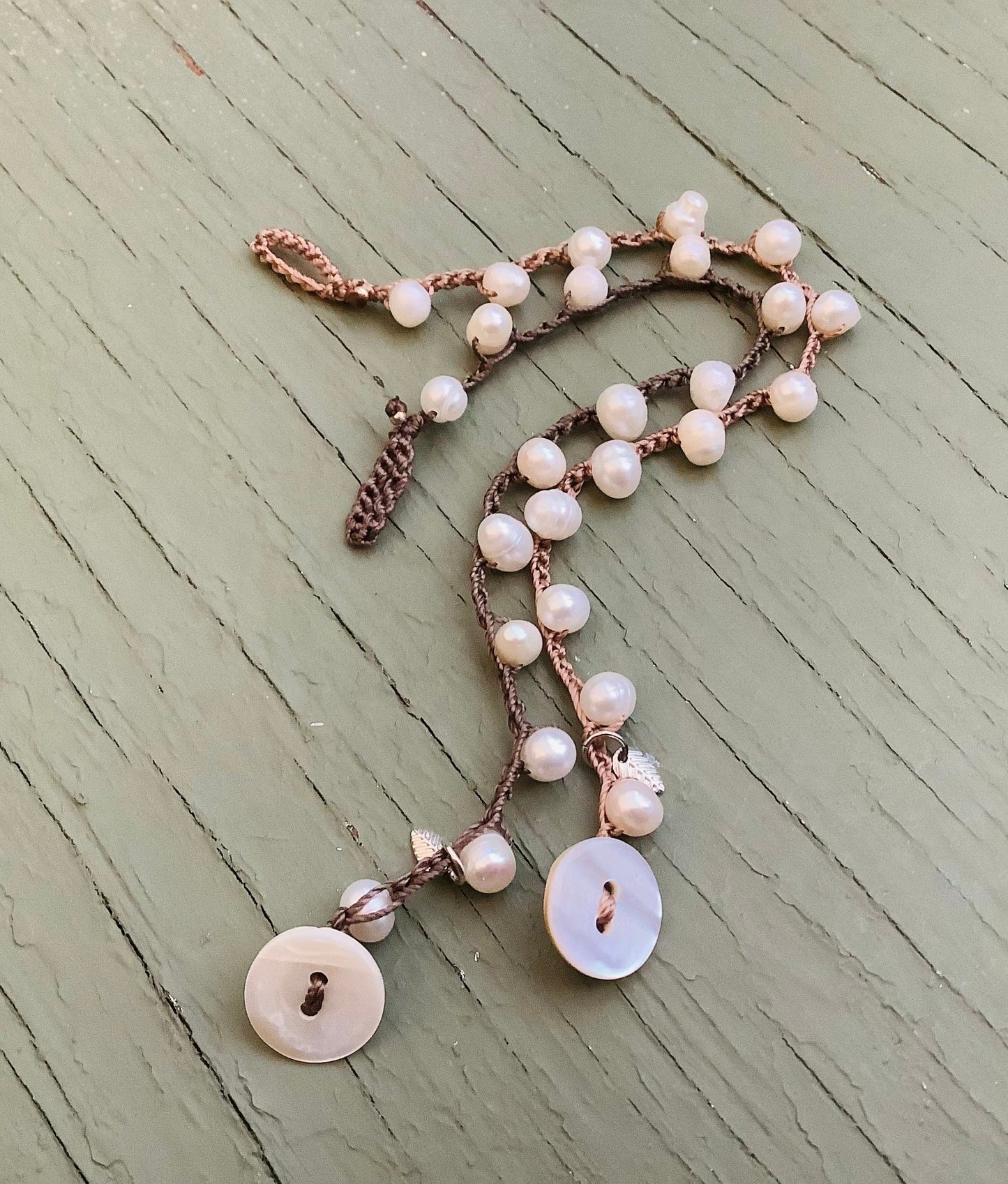 Pearl crocheted boho bracelet, with white freshwater pearls