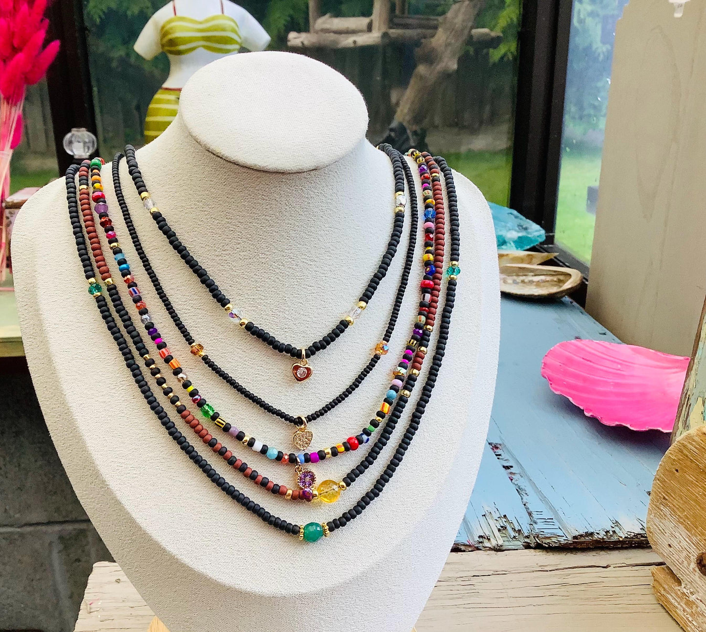 Matte black stacking seed bead and crystal necklaces