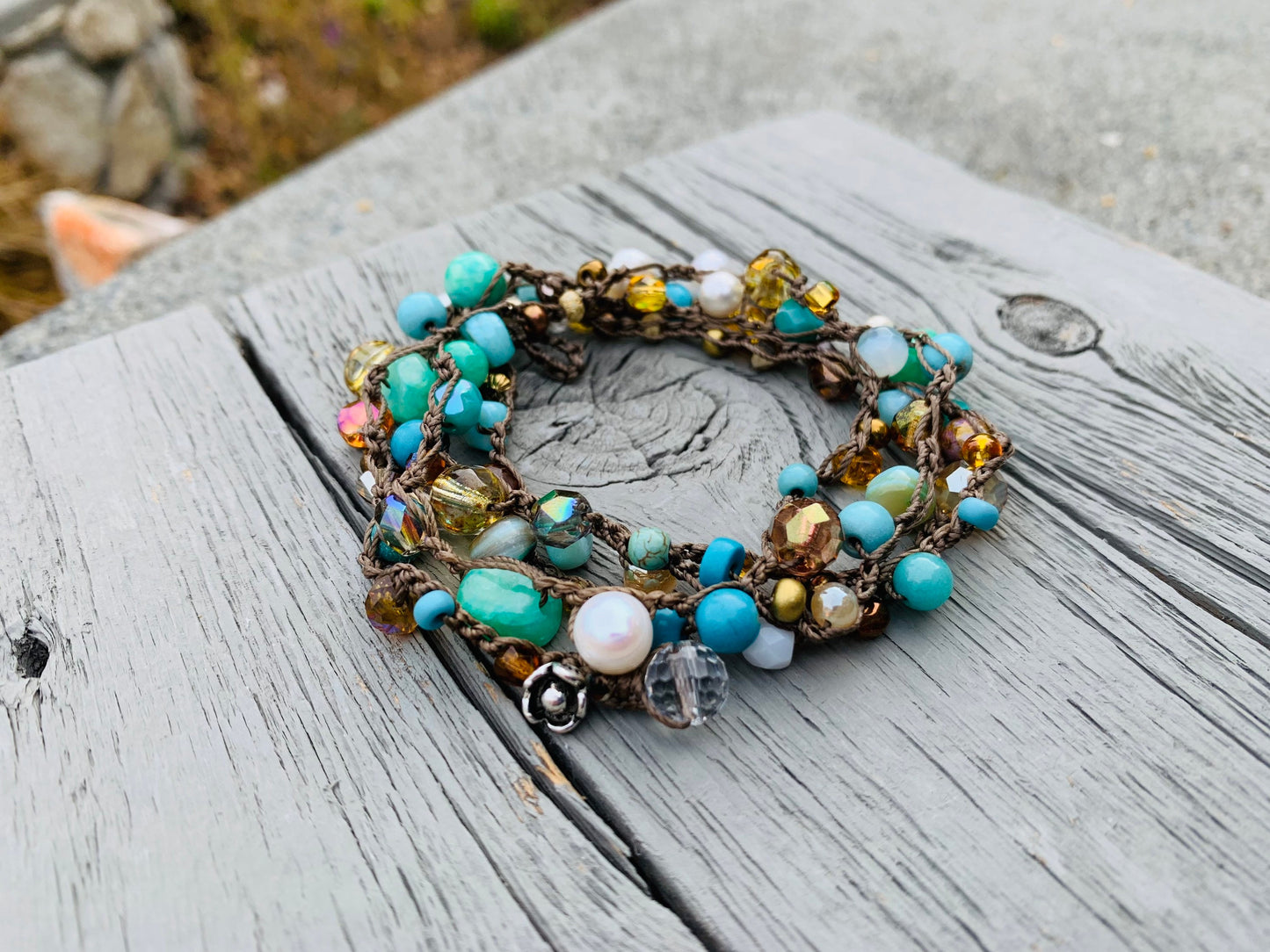 Tuscany 5X crocheted wrap bracelet natural boho jewelry