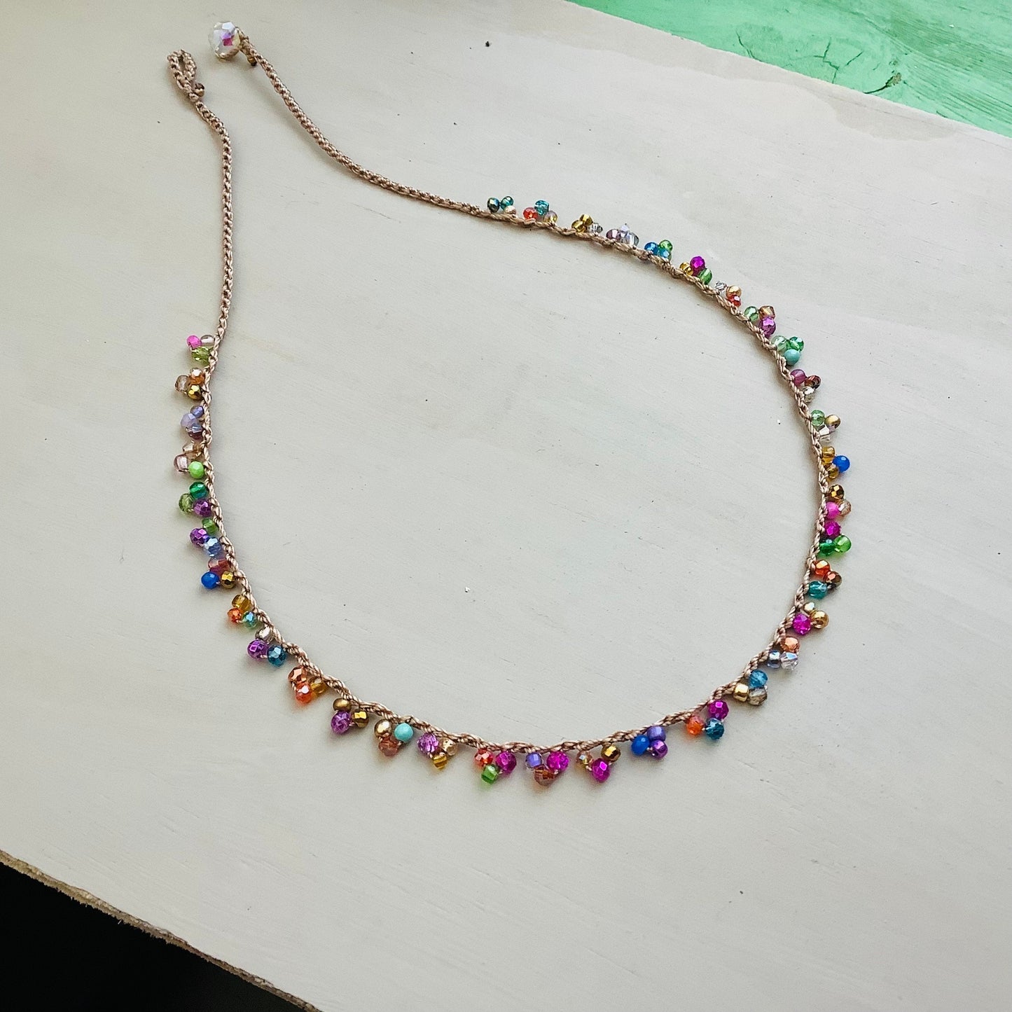 Lacy crocheted tiny crystal and gems necklace