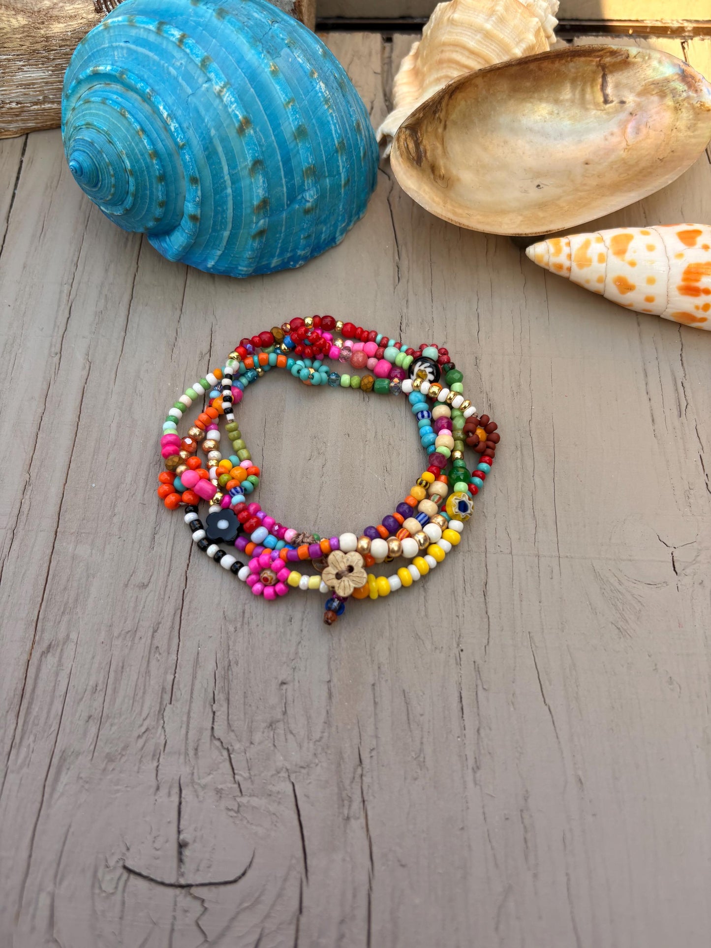 Handwoven Flower Lei Necklace: Colorful Seed Bead Summer Jewelry