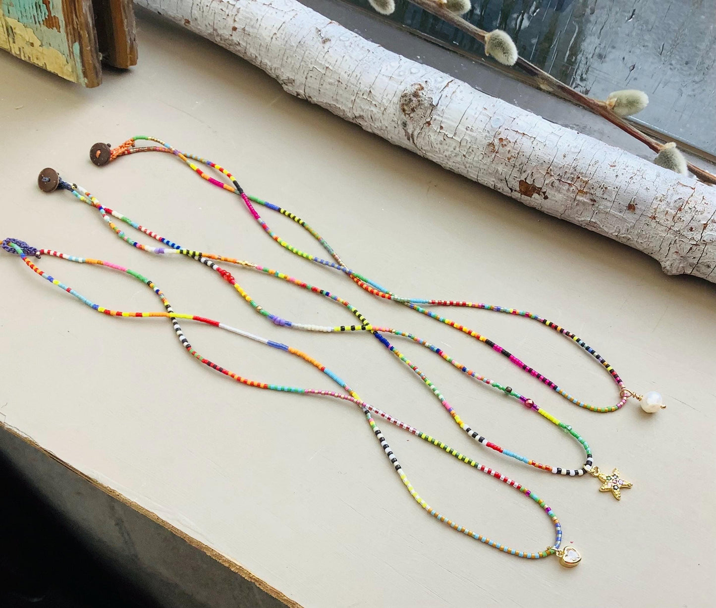 Striped Beaded Necklace: Colorful Delica Glass, Gemstone Pendant