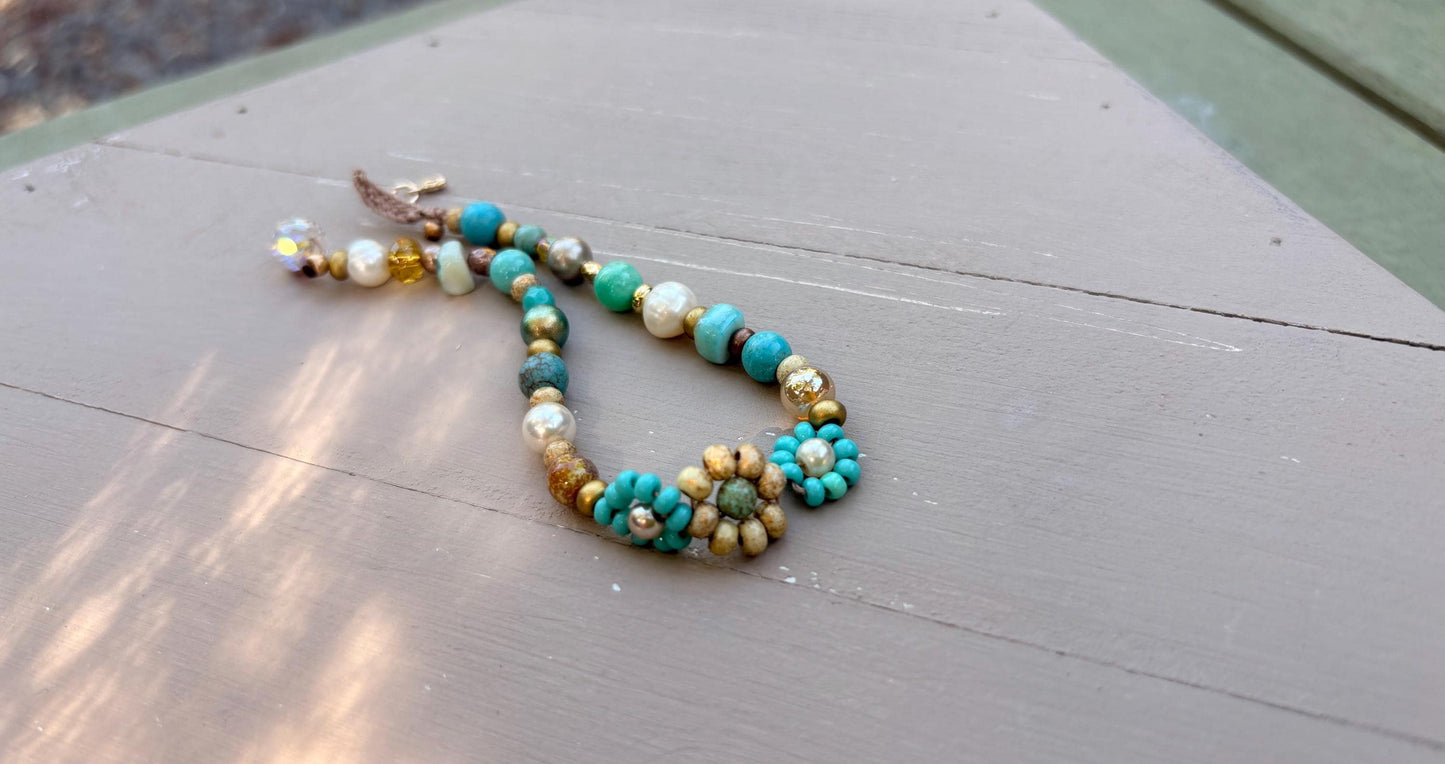 Flowers turquoise and pearl crocheted bracelet, boho