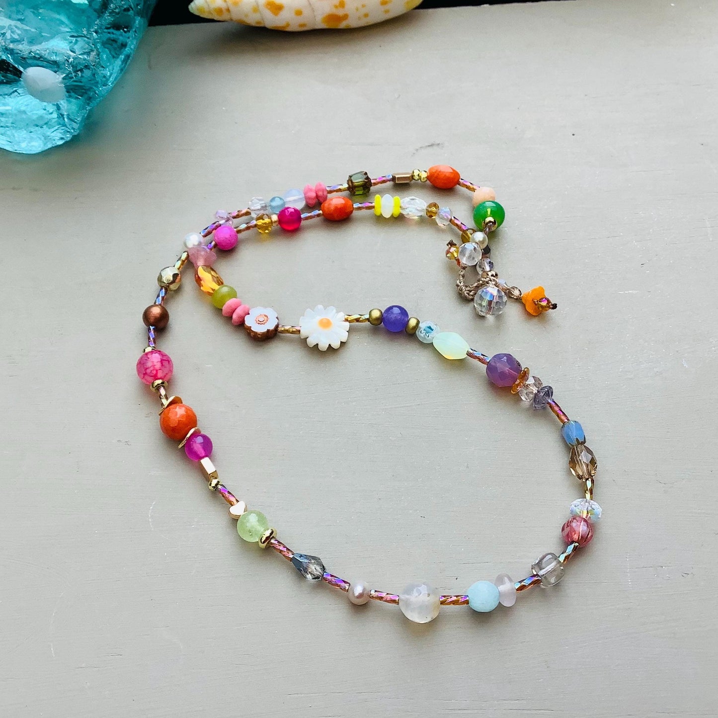 Colorful Gemstone Crystal Necklace: Venetian Ghana Beads, Flower Dangle