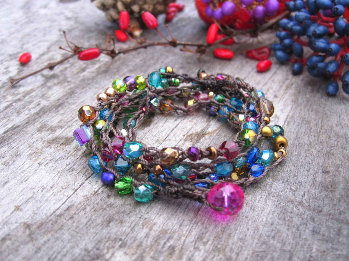 Splash of Pink crocheted wrap bracelet or necklace, natural crocheted jewelry