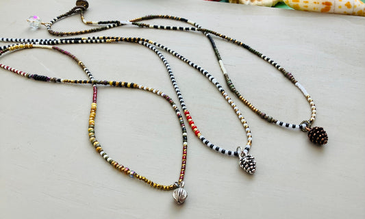 Striped Toho neutral tones petite glass necklaces