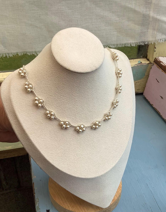 Turkish Lace Crocheted Necklace: Mother of Pearl, Crystal, Oya Style