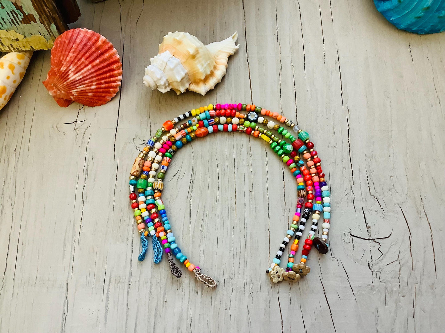 Colorful belize necklaces, made with specialty African Ghana beads, boho naturally crocheted jewelry