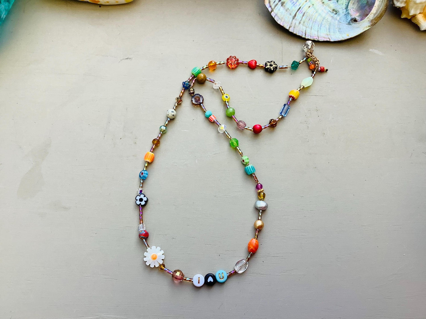 Colorful Gemstone Crystal Necklace: Venetian Ghana Beads, Crocheted Closure