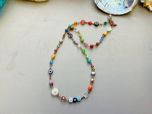 Colorful Gemstone Crystal Necklace: Venetian Ghana Beads, Crocheted Closure