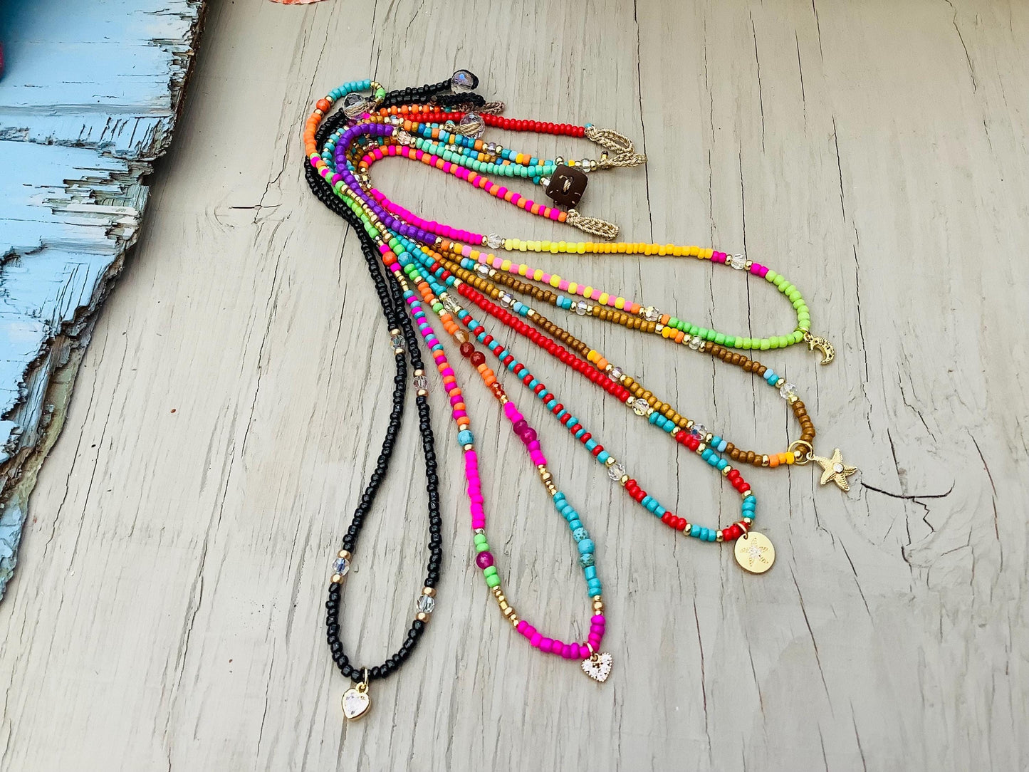 Seed Bead Stacking Necklace: Crystal & Gold Charm Pendant