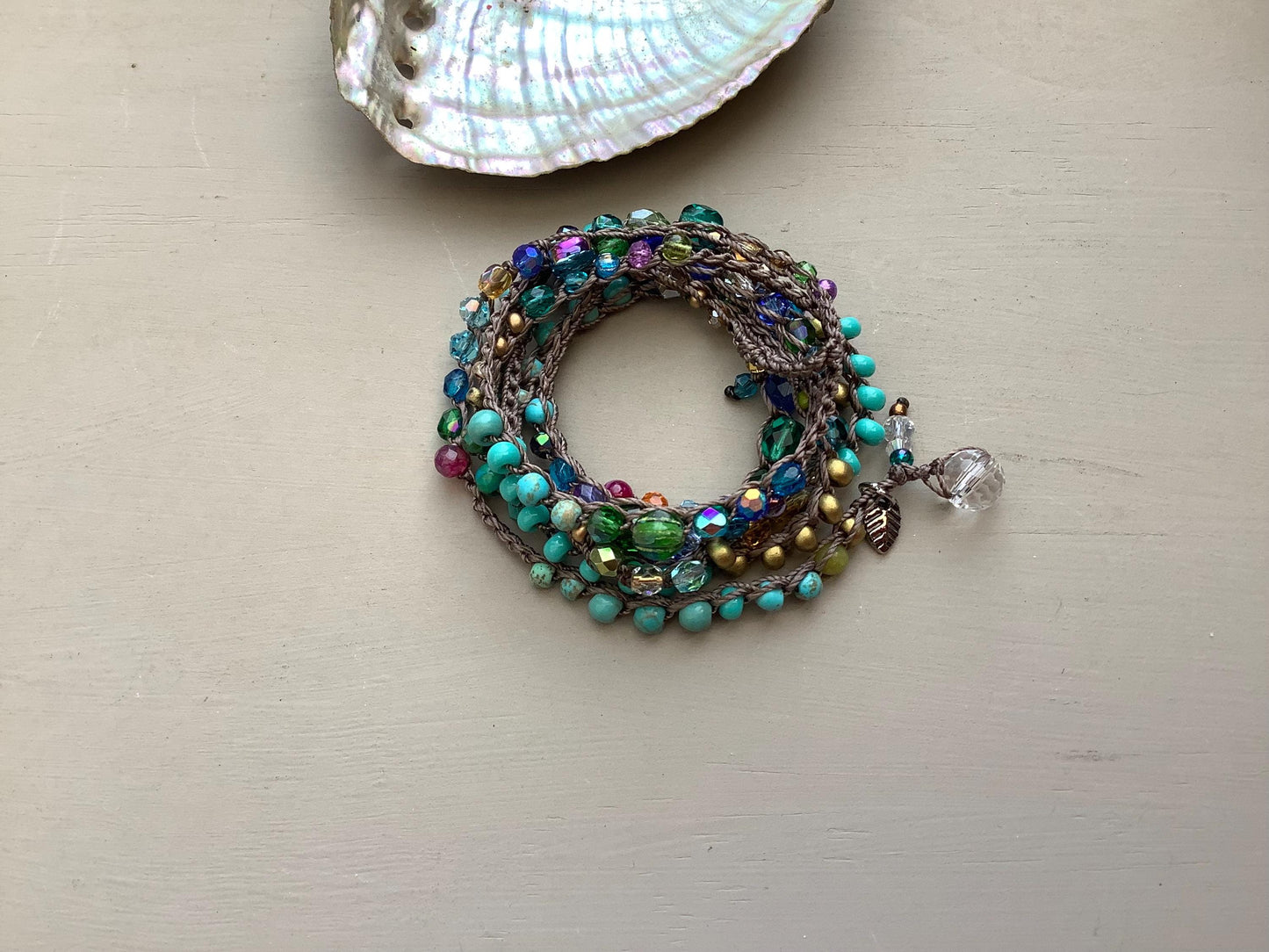 Splash of blue crocheted wrap bracelet and necklace