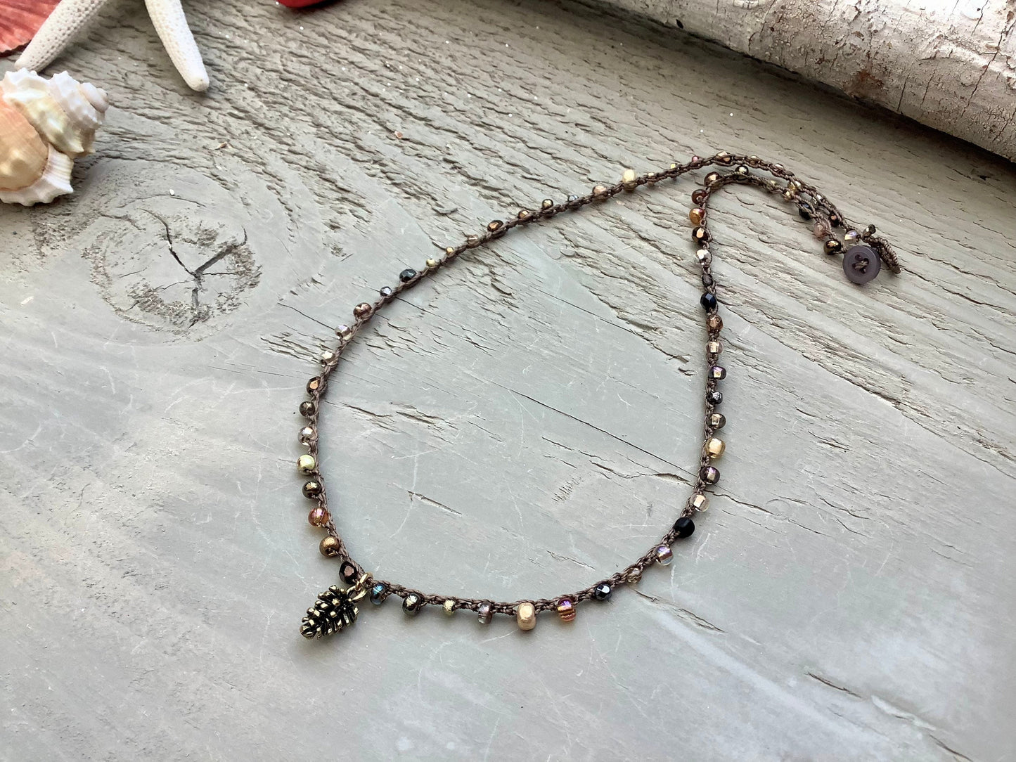 Crocheted Pinecone Necklace: Bronze Pinecone Pendant, Beaded Cord