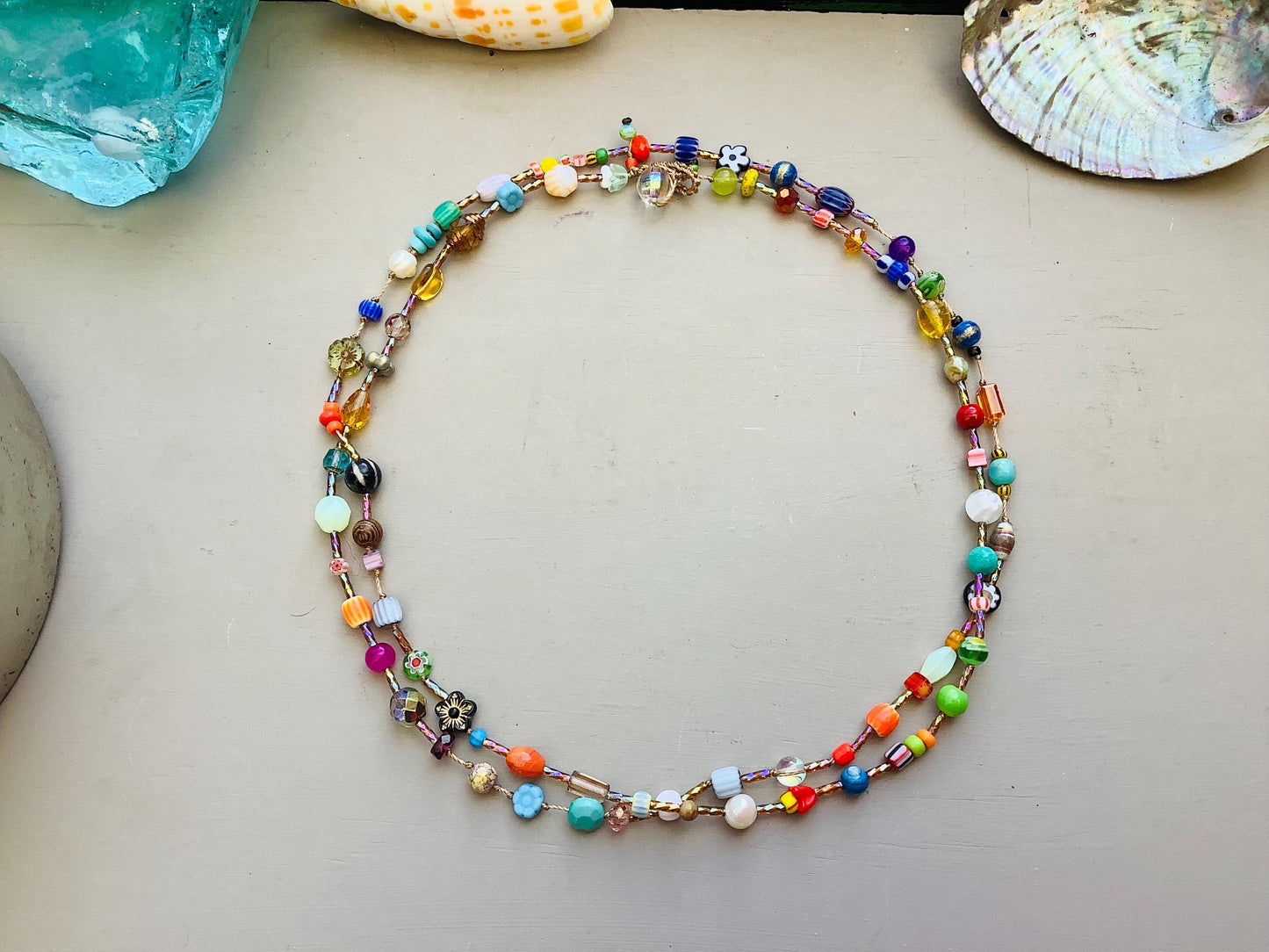 Colorful Gemstone Crystal Necklace: Venetian Ghana Beads, Crocheted Closure