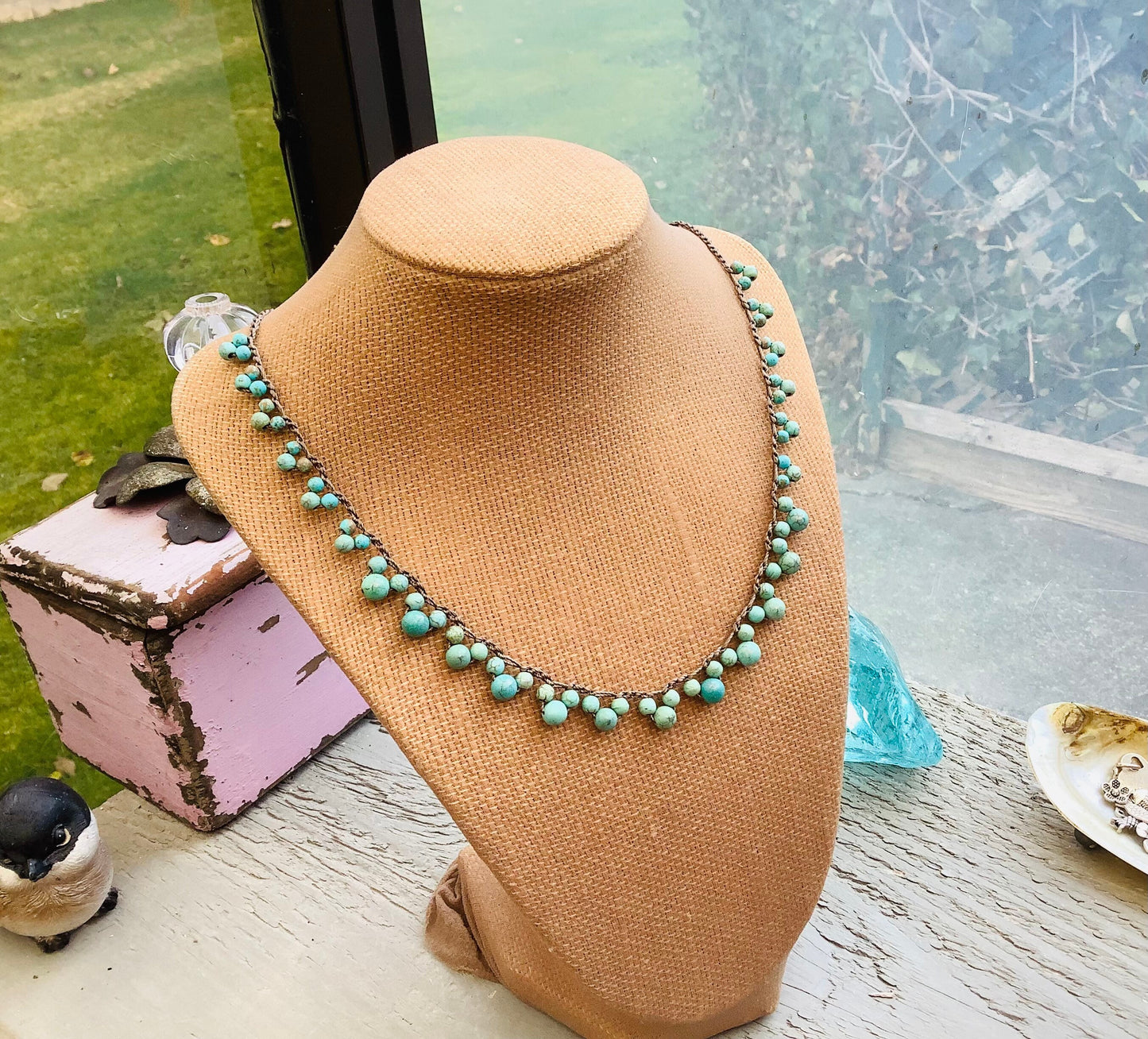 Turquoise Crocheted lace necklace, boho earthy metal fee