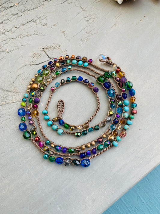 Splash of blue crocheted wrap bracelet and necklace