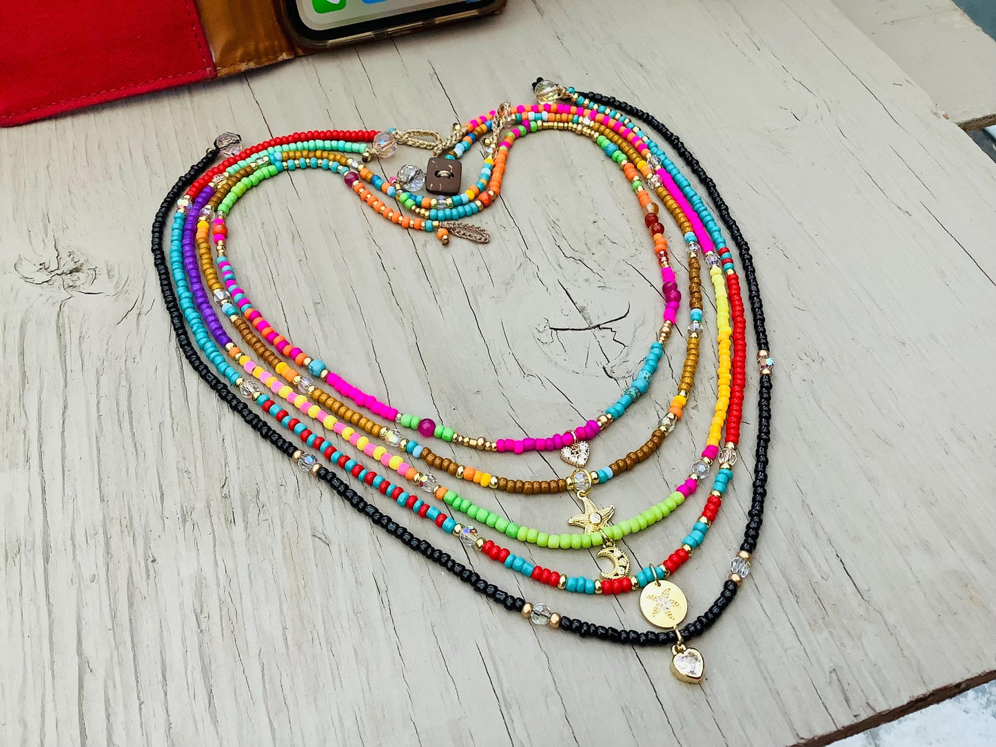 Seed Bead Stacking Necklace: Crystal & Gold Charm Pendant