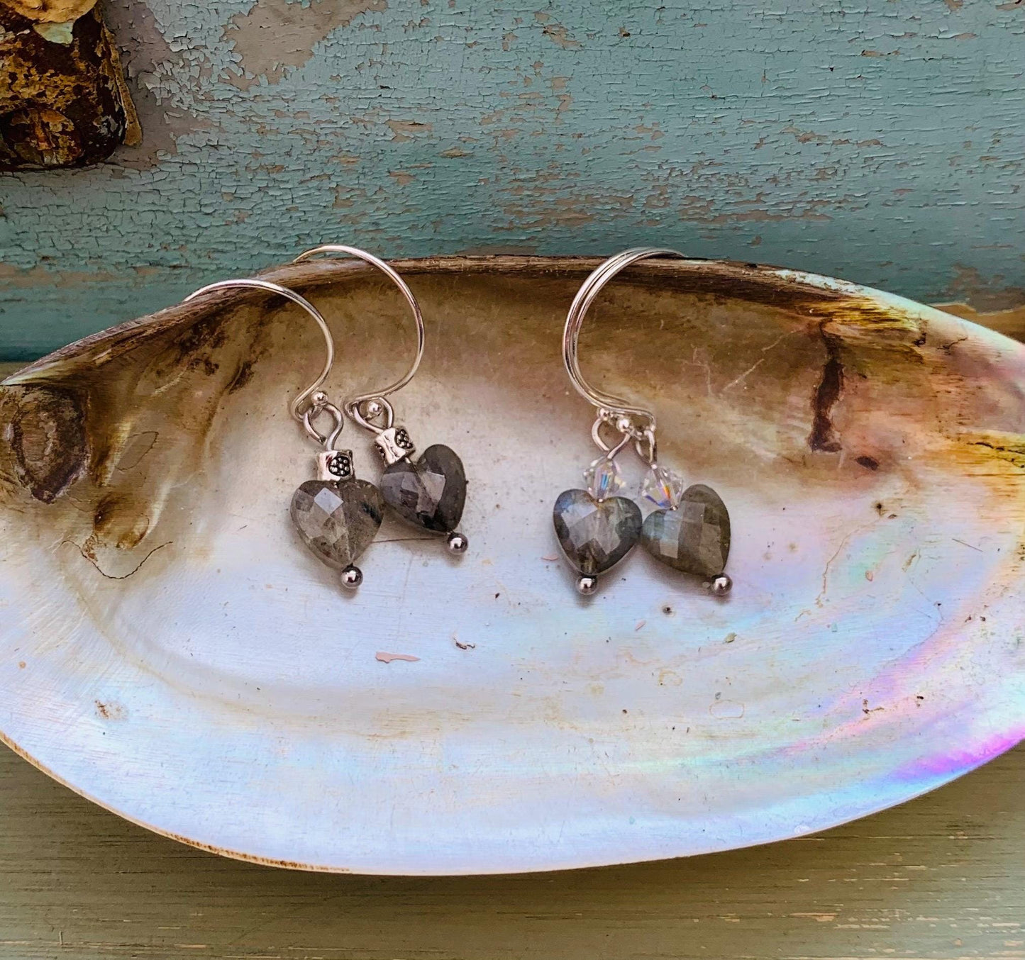 Labradorite Heart Earrings: Sterling Silver, Swarovski Crystal Accent