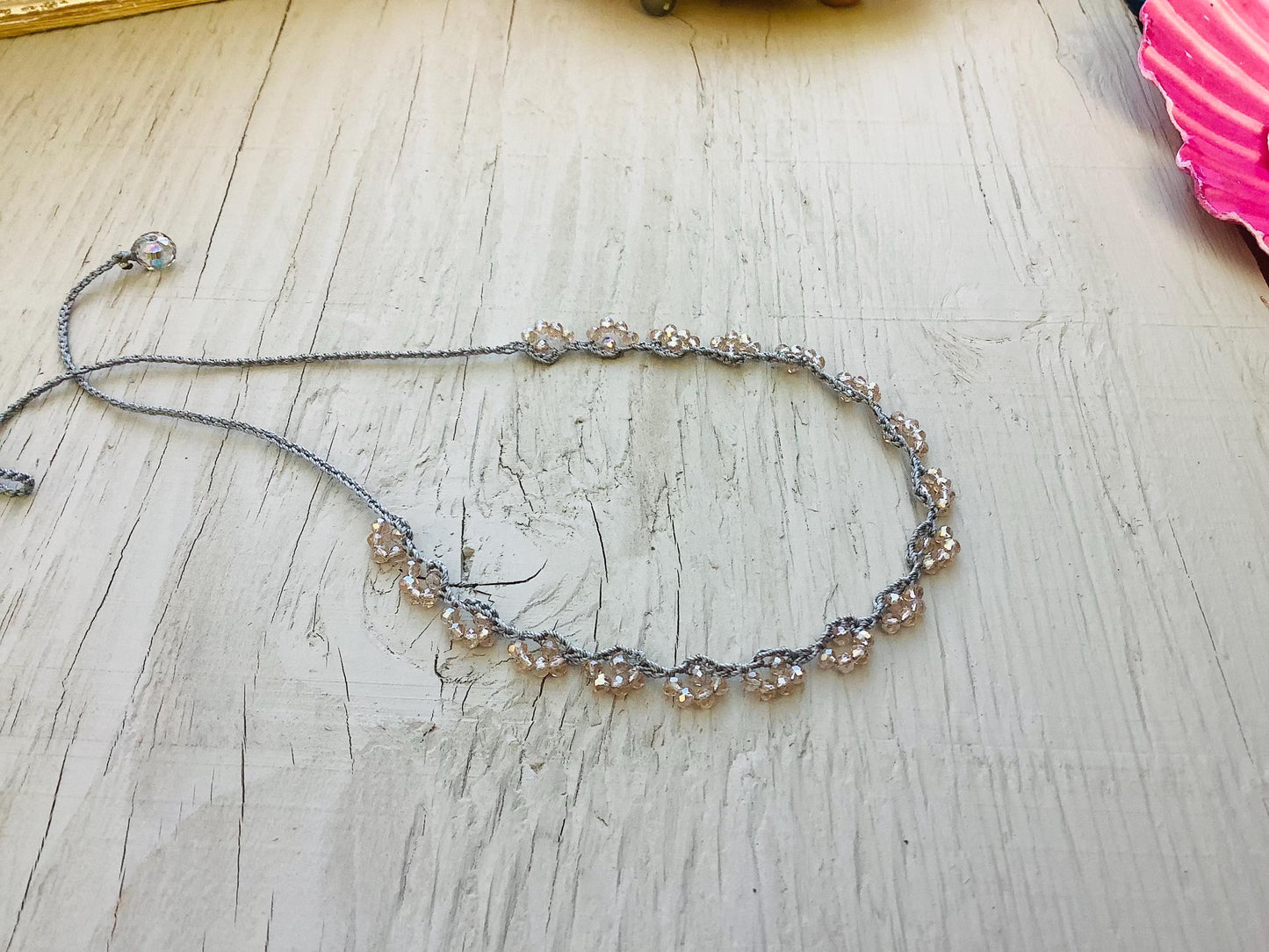 Crocheted Lace Necklace: Turkish Style Champagne Crystals
