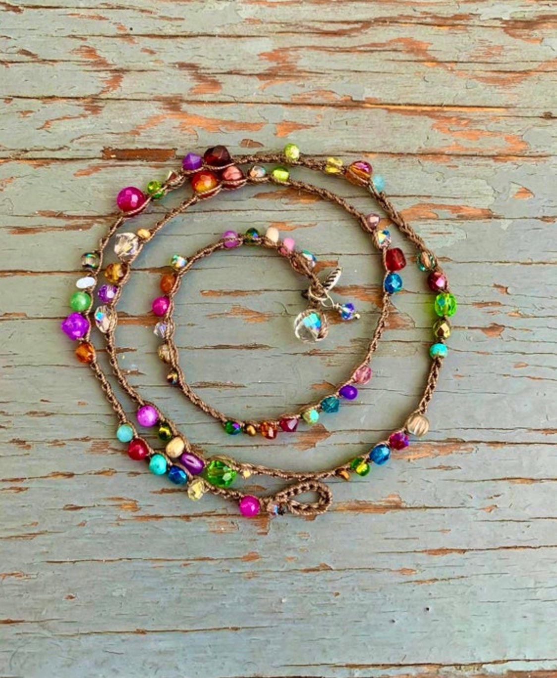 Crocheted Crystal Wrap Bracelet: Boho Beaded Necklace