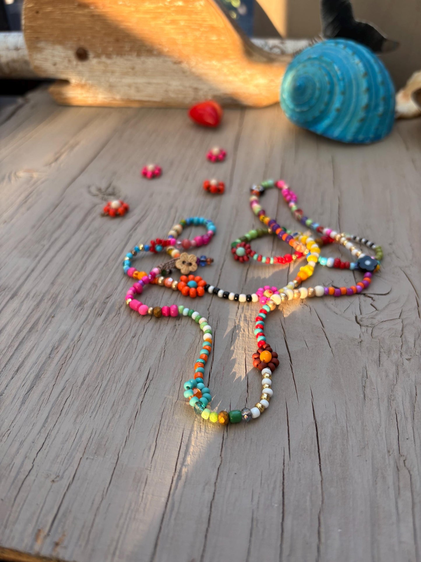Handwoven Flower Lei Necklace: Colorful Seed Bead Summer Jewelry
