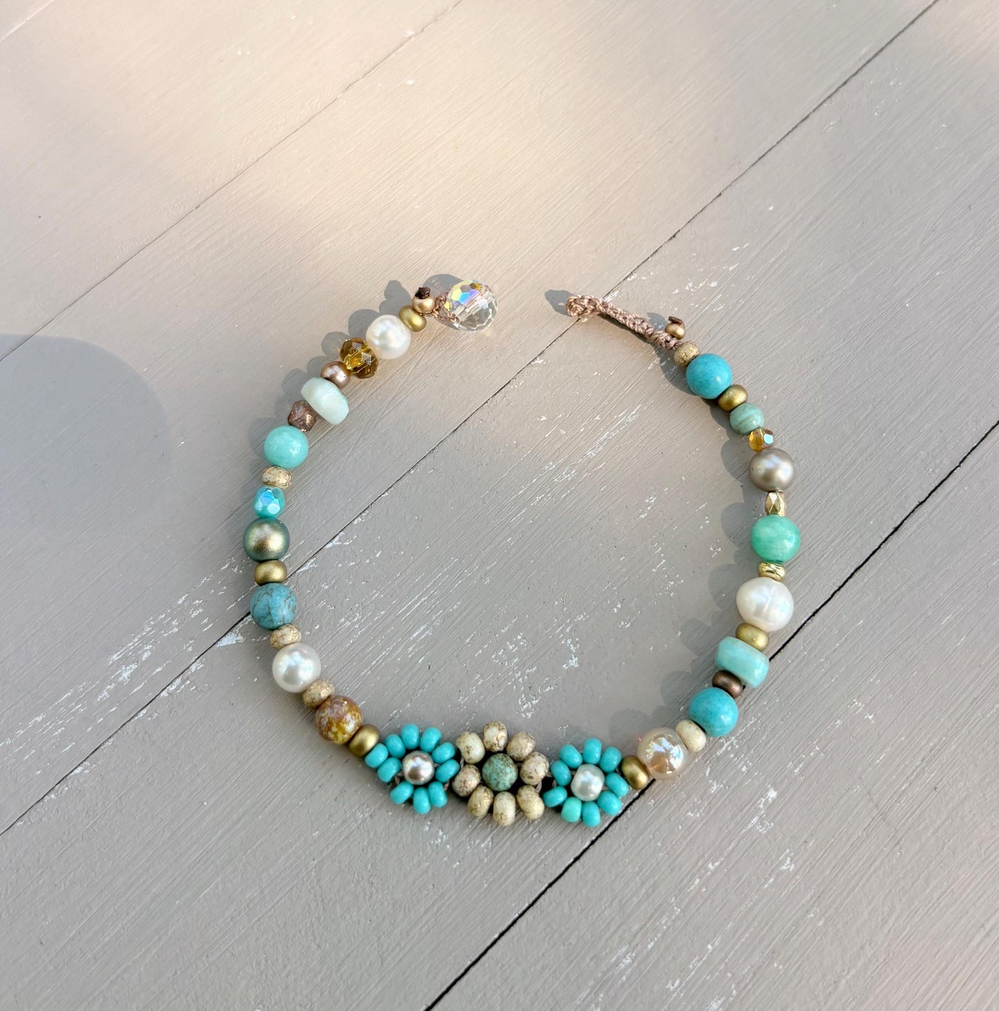 Flowers turquoise and pearl crocheted bracelet, boho