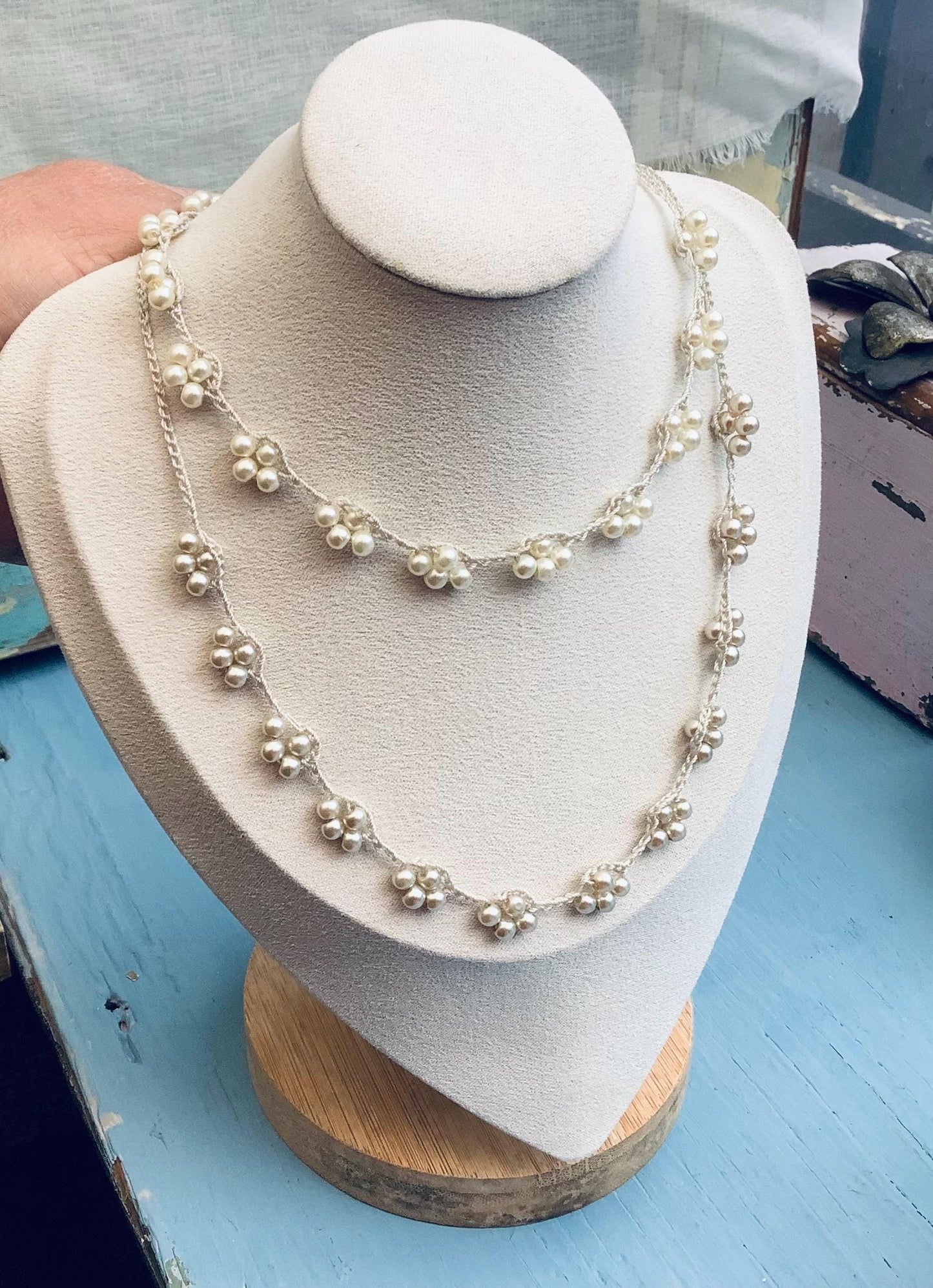 Turkish Lace Crocheted Necklace: Mother of Pearl, Crystal, Oya Style