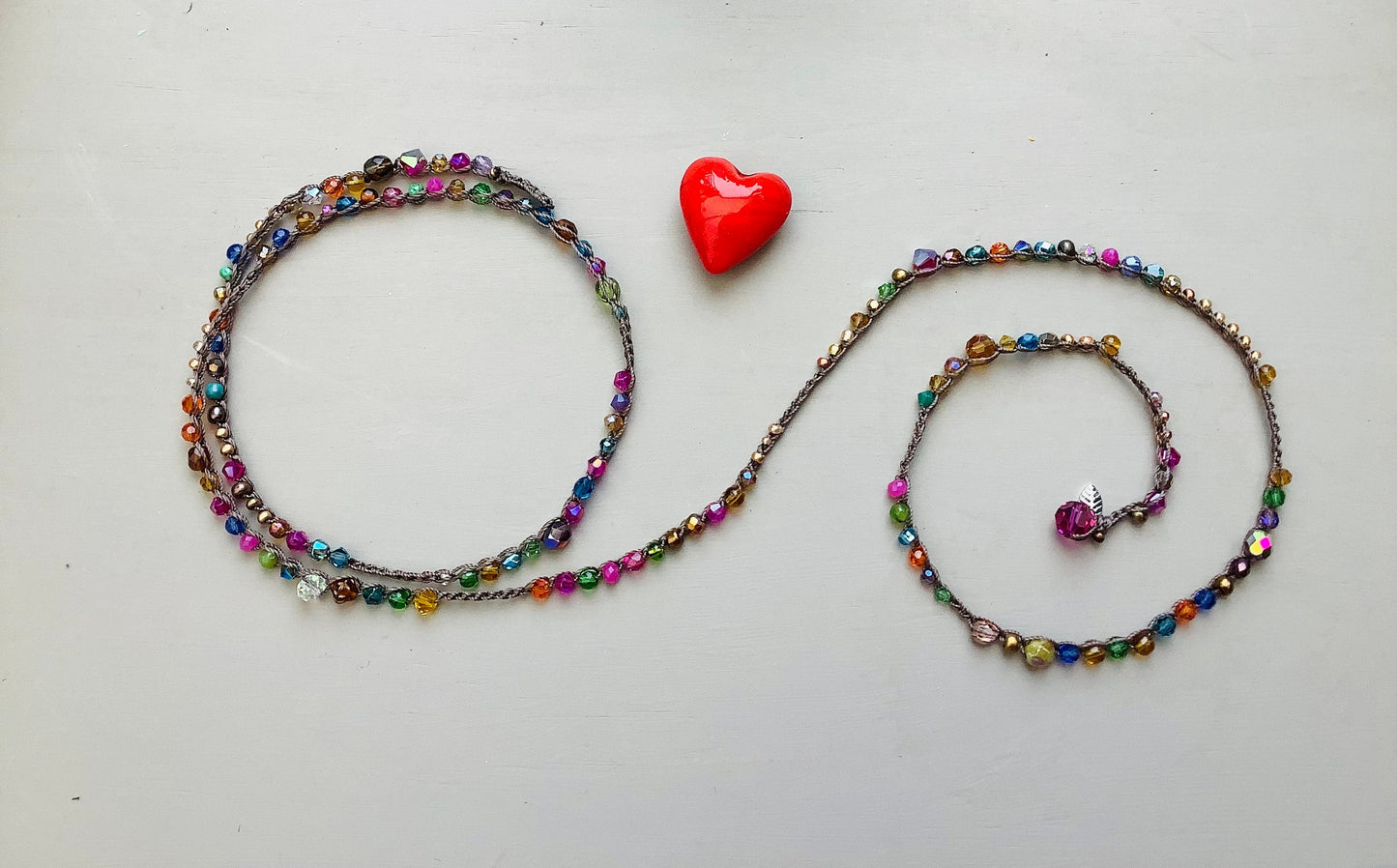 Splash of Pink crocheted wrap bracelet or necklace, natural crocheted jewelry