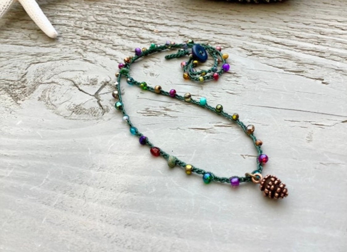Crocheted Pinecone Necklace: Bronze Pinecone Pendant, Beaded Cord