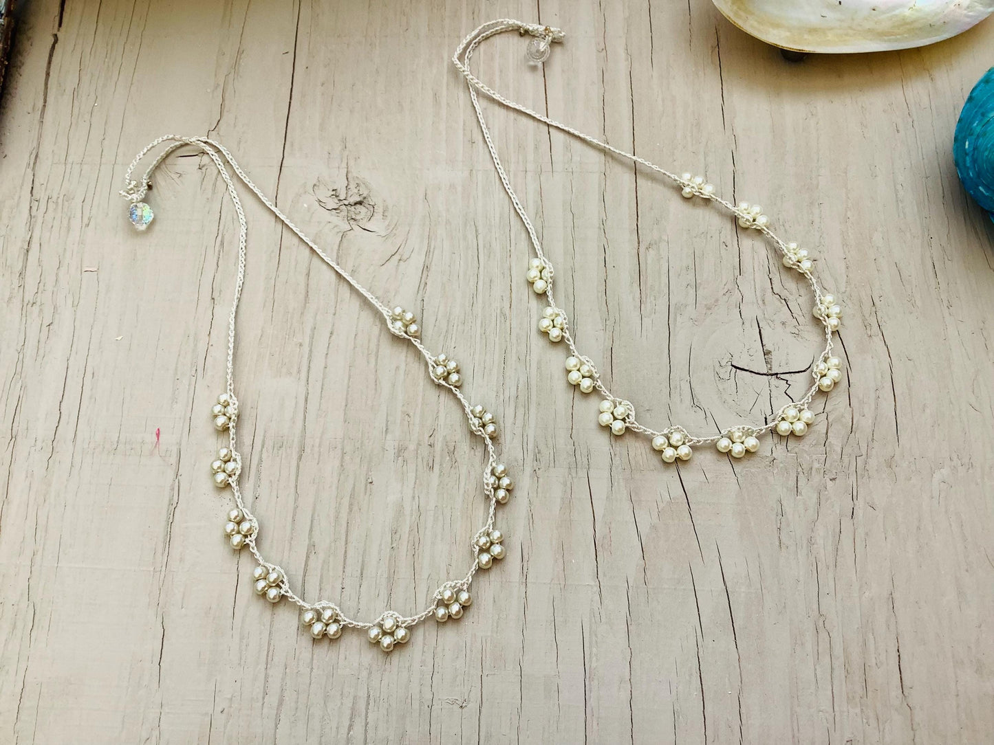 Turkish Lace Crocheted Necklace: Mother of Pearl, Crystal, Oya Style