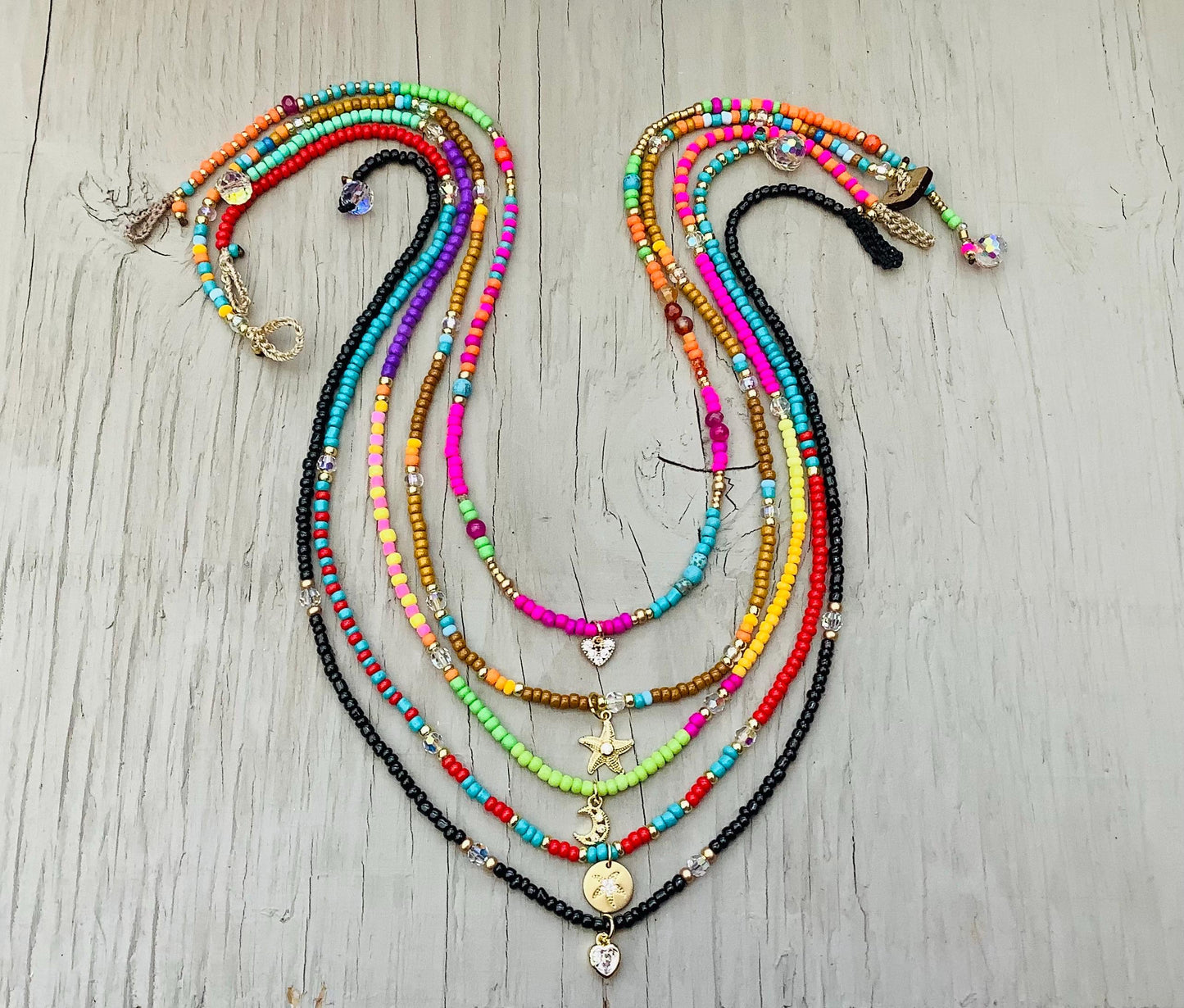 Seed Bead Stacking Necklace: Crystal & Gold Charm Pendant