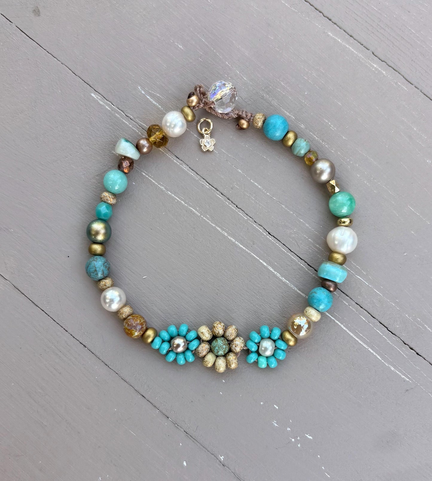 Flowers turquoise and pearl crocheted bracelet, boho