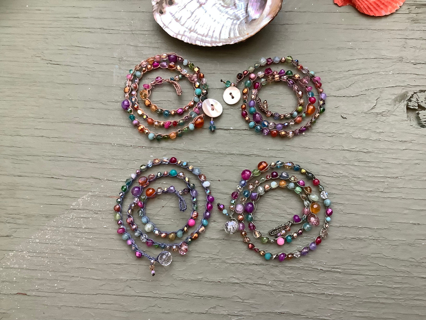 Double crocheted bracelets with crystals and gemstones