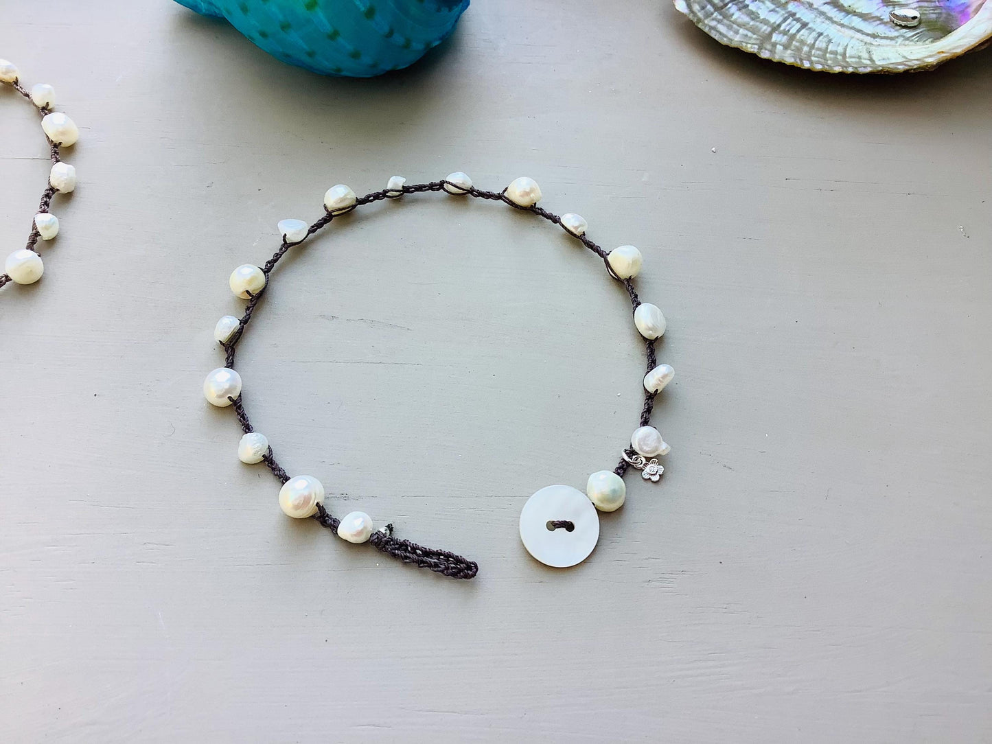 Pearl nugget earthy crocheted anklet, earthy summer wear