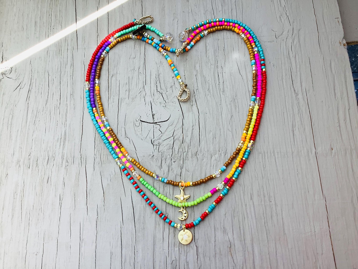 Seed Bead Stacking Necklace: Crystal & Gold Charm Pendant