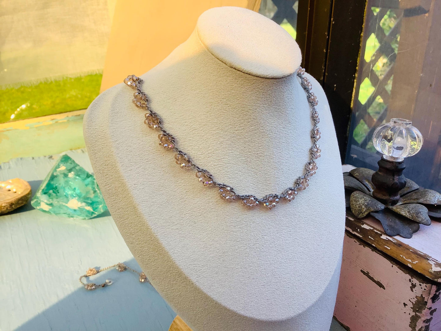 Crocheted Lace Necklace: Turkish Style Champagne Crystals