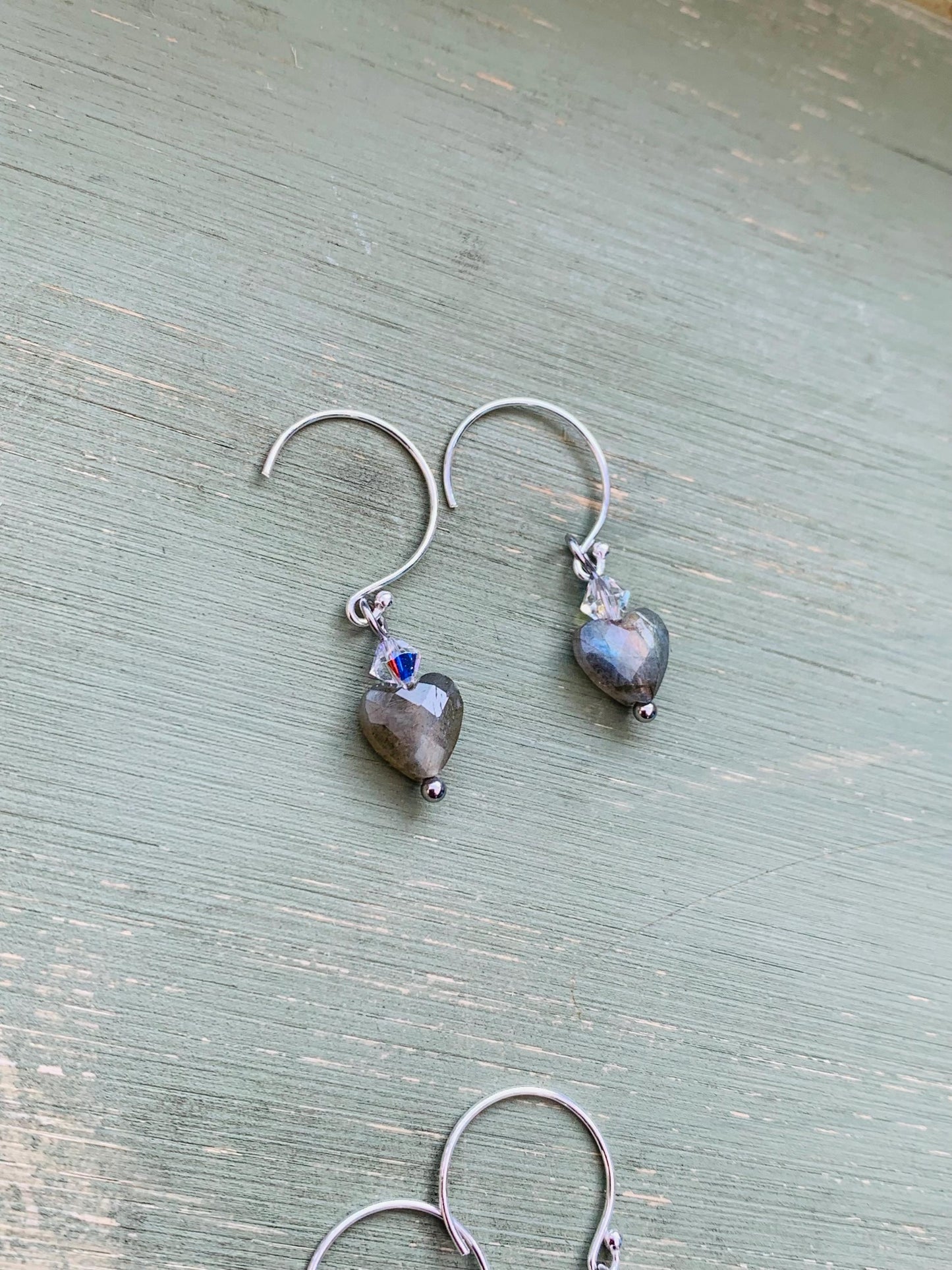 Labradorite Heart Earrings: Sterling Silver, Swarovski Crystal Accent
