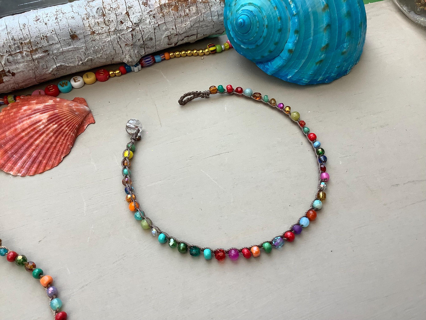 Sunkissed crocheted anklets with gemstones, beachy