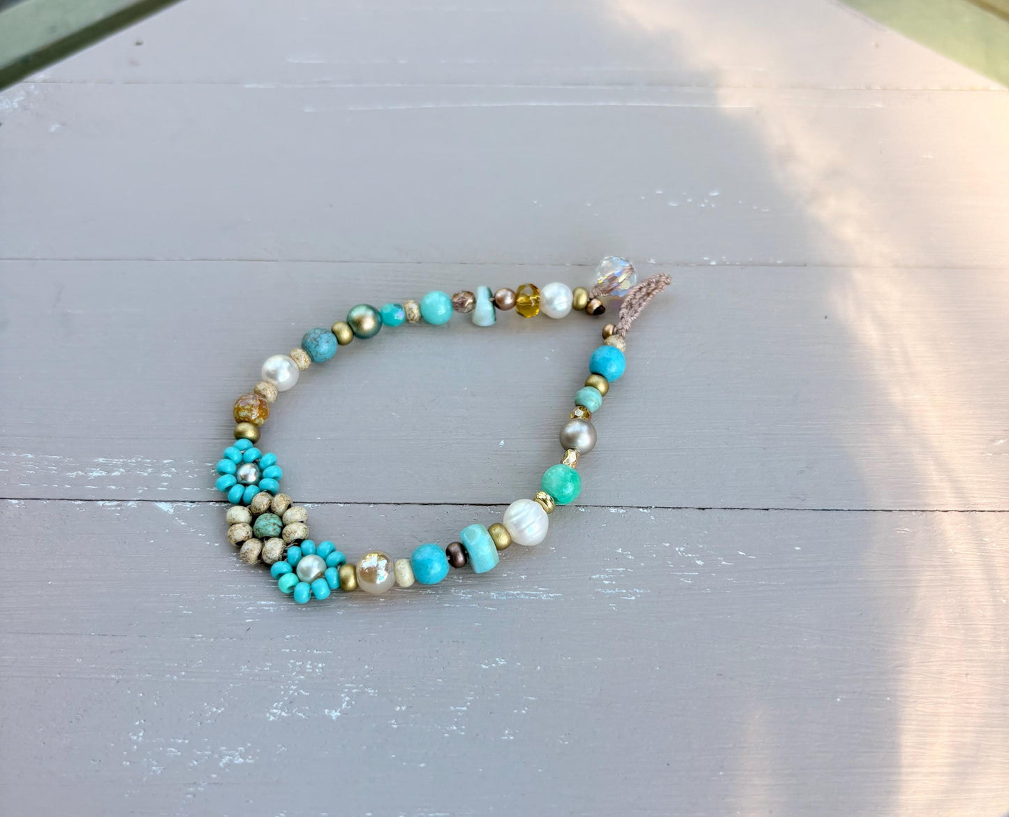 Flowers turquoise and pearl crocheted bracelet, boho
