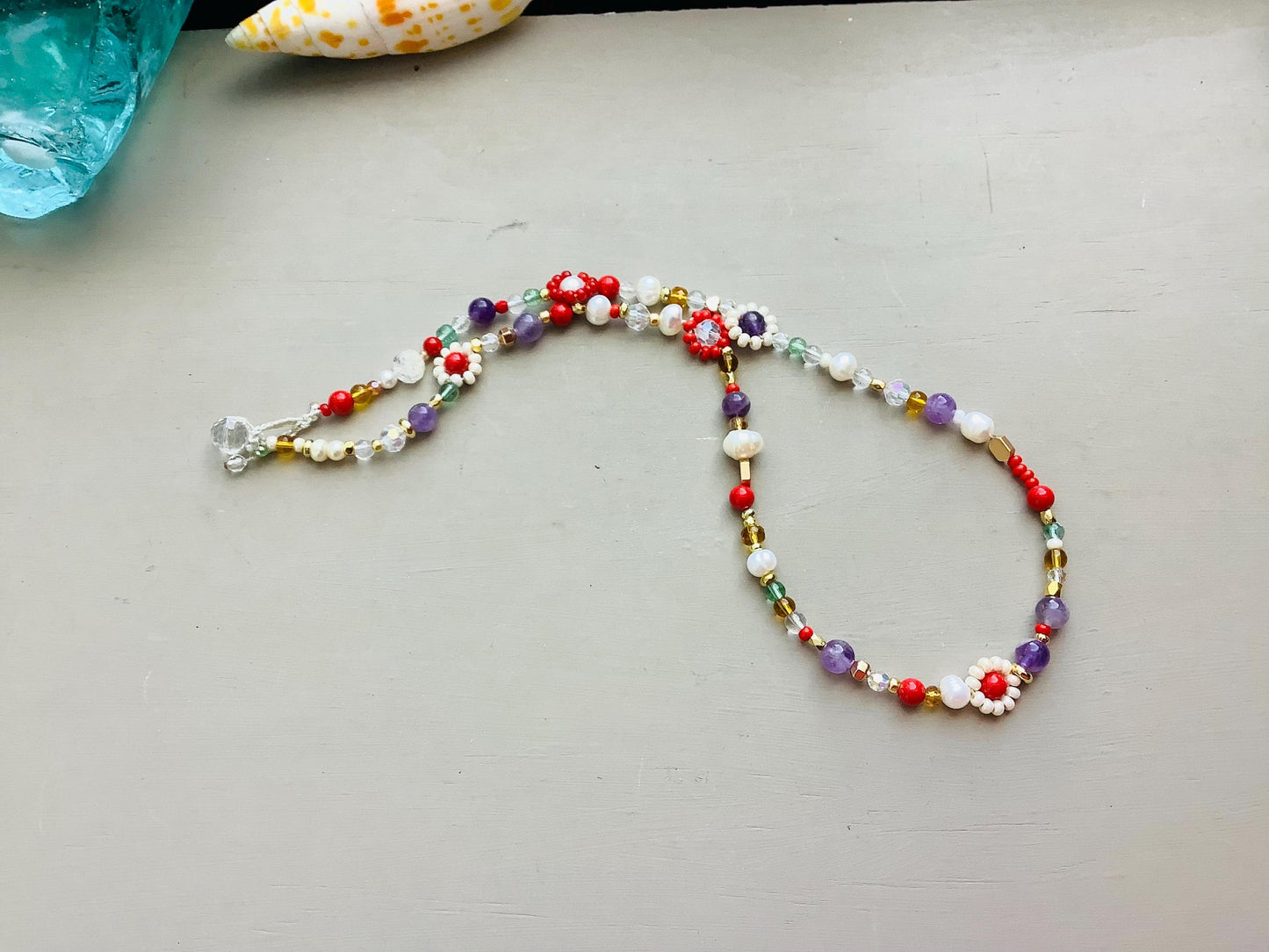 Daisy Pearl Beaded Necklace: Jasper, Amethyst, Agate