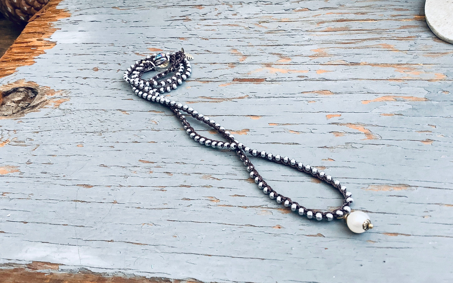 Pearl drop crocheted necklace with silver beads, minimalist, tiny necklace