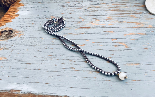 Pearl drop crocheted necklace with silver beads, minimalist, tiny necklace