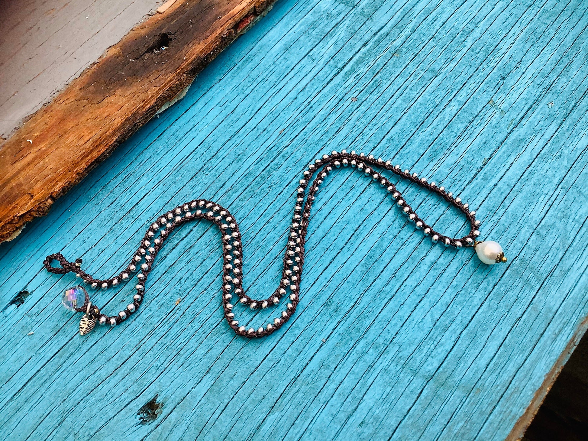 Pearl drop crocheted necklace with silver beads, minimalist, tiny necklace
